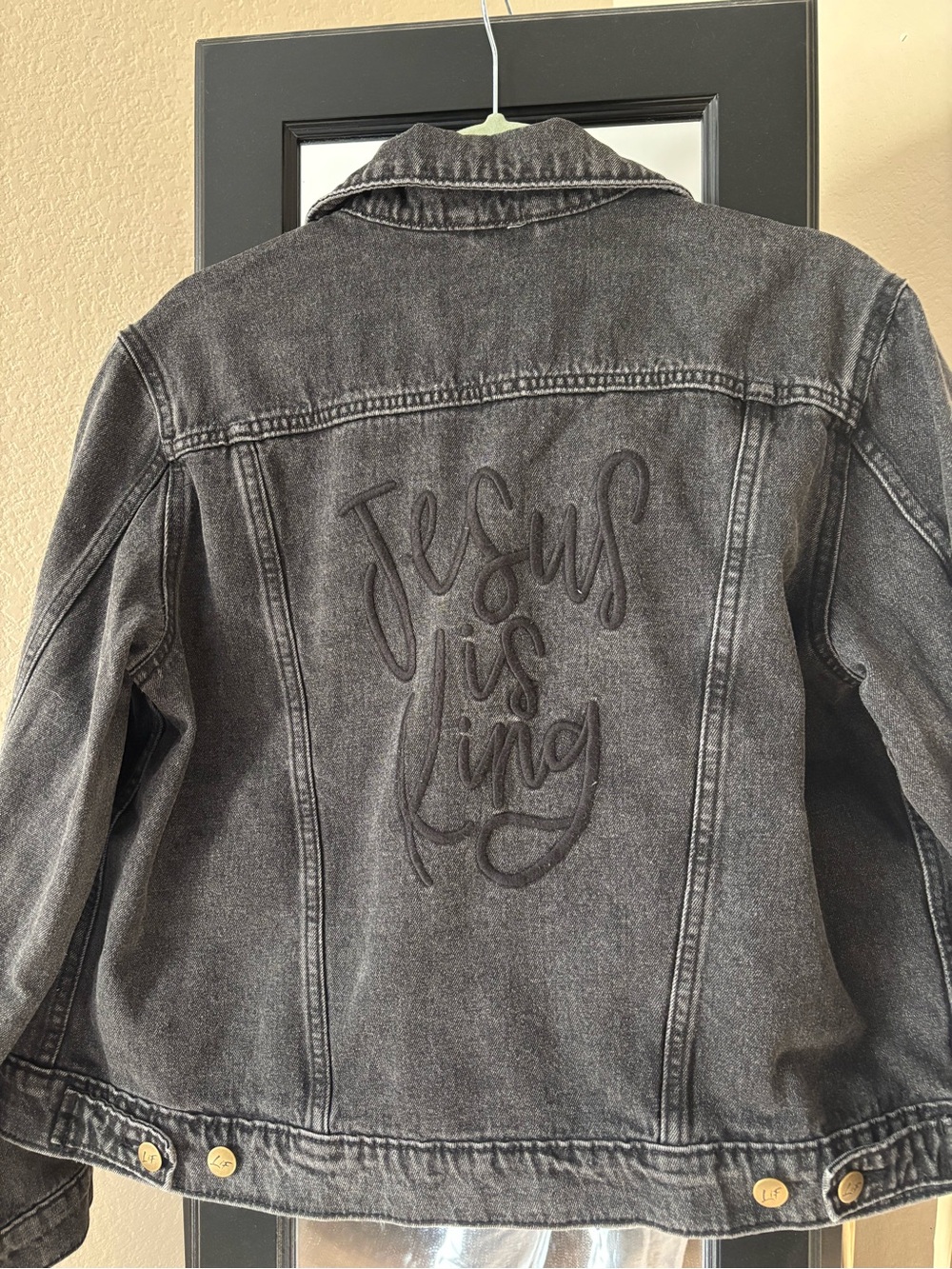 Black Embroidered Denim Jacket with 'Jesus is King' Back